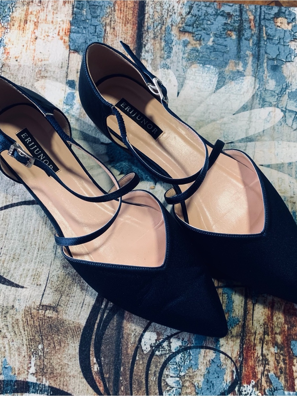 ERJIUNOR Navy Pointed Ankle-Strap Flatswith Cross Straps